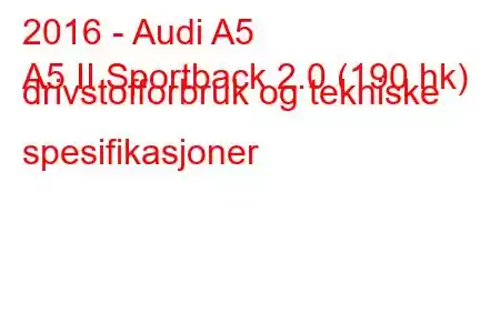 2016 - Audi A5
A5 II Sportback 2.0 (190 hk) drivstofforbruk og tekniske spesifikasjoner