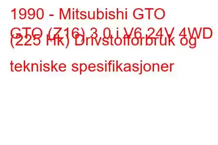 1990 - Mitsubishi GTO
GTO (Z16) 3.0 i V6 24V 4WD (225 Hk) Drivstofforbruk og tekniske spesifikasjoner