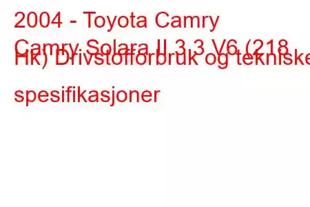 2004 - Toyota Camry
Camry Solara II 3.3 V6 (218 Hk) Drivstofforbruk og tekniske spesifikasjoner