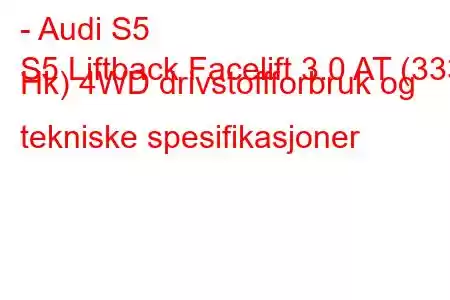 - Audi S5
S5 Liftback Facelift 3.0 AT (333 Hk) 4WD drivstoffforbruk og tekniske spesifikasjoner