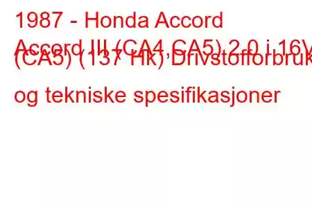 1987 - Honda Accord
Accord III (CA4,CA5) 2.0 i 16V (CA5) (137 Hk) Drivstofforbruk og tekniske spesifikasjoner