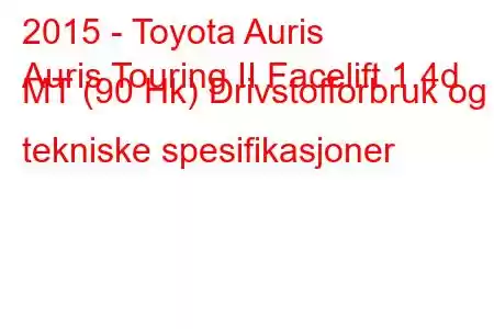 2015 - Toyota Auris
Auris Touring II Facelift 1.4d MT (90 Hk) Drivstofforbruk og tekniske spesifikasjoner