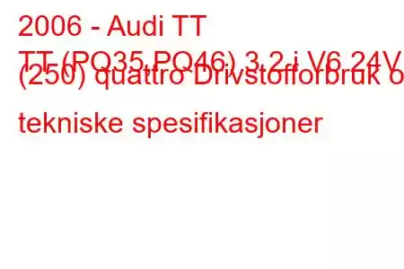 2006 - Audi TT
TT (PQ35,PQ46) 3.2 i V6 24V (250) quattro Drivstofforbruk og tekniske spesifikasjoner