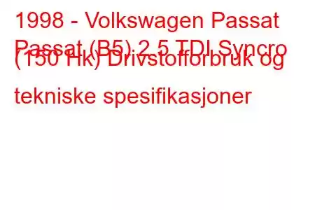 1998 - Volkswagen Passat
Passat (B5) 2.5 TDI Syncro (150 Hk) Drivstofforbruk og tekniske spesifikasjoner