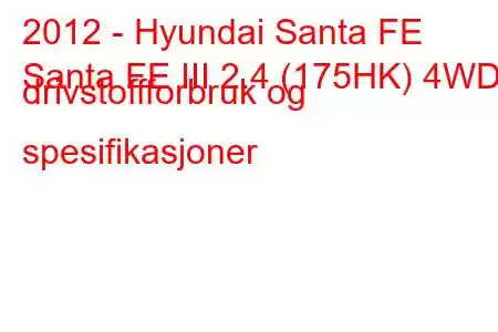 2012 - Hyundai Santa FE
Santa FE III 2.4 (175HK) 4WD drivstoffforbruk og spesifikasjoner