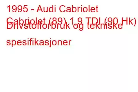 1995 - Audi Cabriolet
Cabriolet (89) 1,9 TDI (90 Hk) Drivstofforbruk og tekniske spesifikasjoner