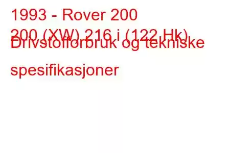 1993 - Rover 200
200 (XW) 216 i (122 Hk) Drivstofforbruk og tekniske spesifikasjoner