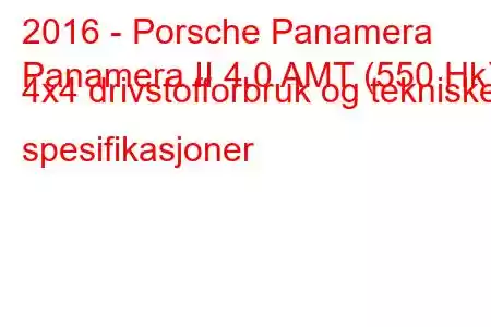 2016 - Porsche Panamera
Panamera II 4.0 AMT (550 Hk) 4x4 drivstofforbruk og tekniske spesifikasjoner