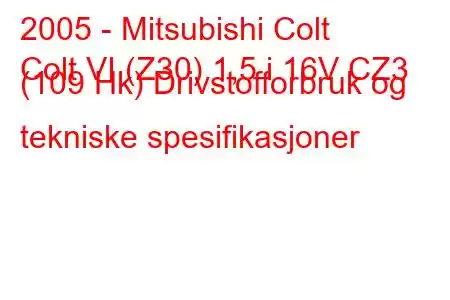 2005 - Mitsubishi Colt
Colt VI (Z30) 1,5 i 16V CZ3 (109 Hk) Drivstofforbruk og tekniske spesifikasjoner