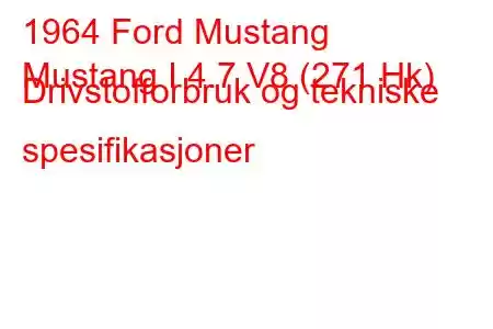 1964 Ford Mustang
Mustang I 4.7 V8 (271 Hk) Drivstofforbruk og tekniske spesifikasjoner