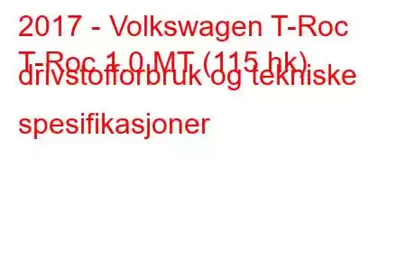 2017 - Volkswagen T-Roc
T-Roc 1.0 MT (115 hk) drivstofforbruk og tekniske spesifikasjoner