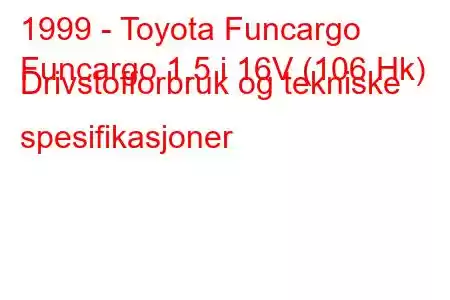 1999 - Toyota Funcargo
Funcargo 1.5 i 16V (106 Hk) Drivstofforbruk og tekniske spesifikasjoner