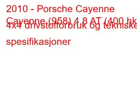 2010 - Porsche Cayenne
Cayenne (958) 4,8 AT (400 hk) 4x4 drivstofforbruk og tekniske spesifikasjoner