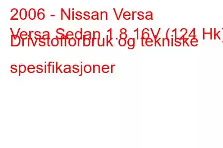 2006 - Nissan Versa
Versa Sedan 1.8 16V (124 Hk) Drivstofforbruk og tekniske spesifikasjoner