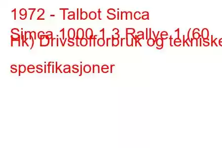 1972 - Talbot Simca
Simca 1000 1.3 Rallye 1 (60 Hk) Drivstofforbruk og tekniske spesifikasjoner