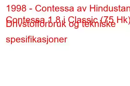 1998 - Contessa av Hindustan
Contessa 1.8 i Classic (75 Hk) Drivstofforbruk og tekniske spesifikasjoner