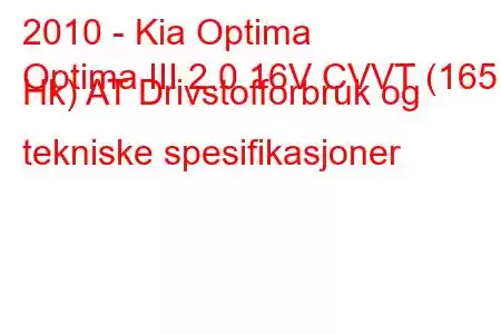 2010 - Kia Optima
Optima III 2.0 16V CVVT (165 Hk) AT Drivstofforbruk og tekniske spesifikasjoner