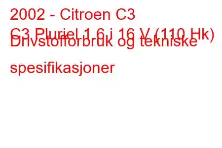 2002 - Citroen C3
C3 Pluriel 1.6 i 16 V (110 Hk) Drivstofforbruk og tekniske spesifikasjoner