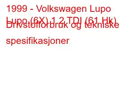 1999 - Volkswagen Lupo
Lupo (6X) 1.2 TDI (61 Hk) Drivstofforbruk og tekniske spesifikasjoner