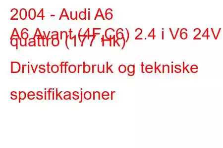 2004 - Audi A6
A6 Avant (4F,C6) 2.4 i V6 24V quattro (177 Hk) Drivstofforbruk og tekniske spesifikasjoner