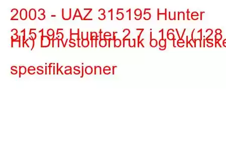 2003 - UAZ 315195 Hunter
315195 Hunter 2.7 i 16V (128 Hk) Drivstofforbruk og tekniske spesifikasjoner