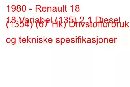 1980 - Renault 18
18 Variabel (135) 2.1 Diesel (1354) (67 Hk) Drivstofforbruk og tekniske spesifikasjoner