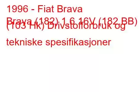 1996 - Fiat Brava
Brava (182) 1,6 16V (182.BB) (103 Hk) Drivstofforbruk og tekniske spesifikasjoner