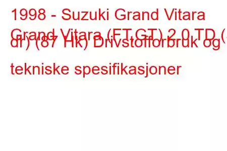 1998 - Suzuki Grand Vitara
Grand Vitara (FT,GT) 2.0 TD (5 dr) (87 Hk) Drivstofforbruk og tekniske spesifikasjoner