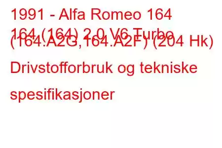 1991 - Alfa Romeo 164
164 (164) 2.0 V6 Turbo (164.A2G,164.A2F) (204 Hk) Drivstofforbruk og tekniske spesifikasjoner