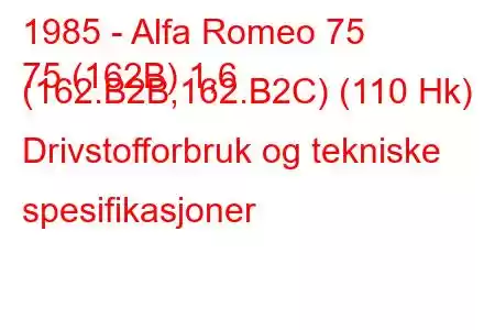 1985 - Alfa Romeo 75
75 (162B) 1,6 (162.B2B,162.B2C) (110 Hk) Drivstofforbruk og tekniske spesifikasjoner