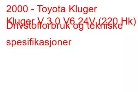 2000 - Toyota Kluger
Kluger V 3.0 V6 24V (220 Hk) Drivstofforbruk og tekniske spesifikasjoner