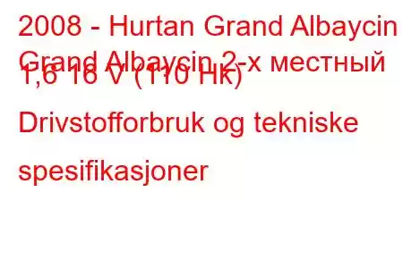 2008 - Hurtan Grand Albaycin
Grand Albaycin 2-х местный 1,6 16 V (110 Hk) Drivstofforbruk og tekniske spesifikasjoner