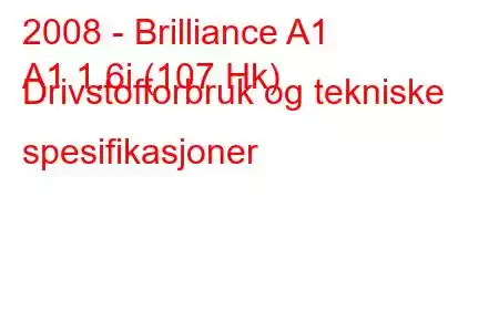 2008 - Brilliance A1
A1 1.6i (107 Hk) Drivstofforbruk og tekniske spesifikasjoner