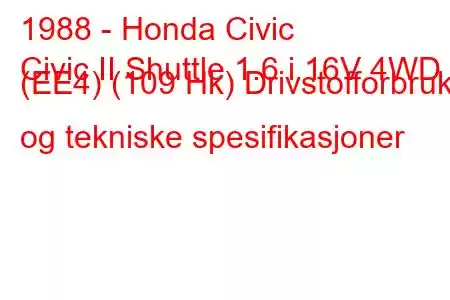 1988 - Honda Civic
Civic II Shuttle 1.6 i 16V 4WD (EE4) (109 Hk) Drivstofforbruk og tekniske spesifikasjoner