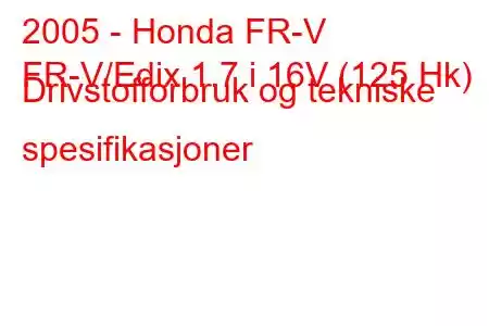 2005 - Honda FR-V
FR-V/Edix 1.7 i 16V (125 Hk) Drivstofforbruk og tekniske spesifikasjoner