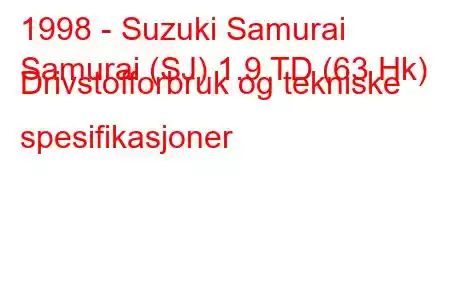 1998 - Suzuki Samurai
Samurai (SJ) 1.9 TD (63 Hk) Drivstofforbruk og tekniske spesifikasjoner