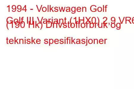 1994 - Volkswagen Golf
Golf III Variant (1HX0) 2,9 VR6 (190 Hk) Drivstofforbruk og tekniske spesifikasjoner