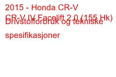 2015 - Honda CR-V
CR-V IV Facelift 2.0 (155 Hk) Drivstofforbruk og tekniske spesifikasjoner