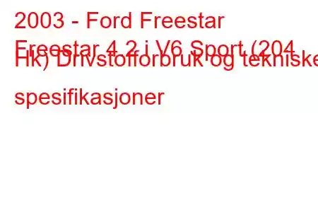 2003 - Ford Freestar
Freestar 4.2 i V6 Sport (204 Hk) Drivstofforbruk og tekniske spesifikasjoner