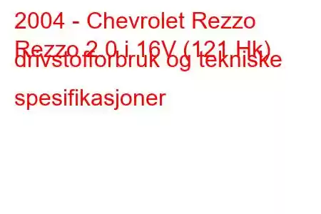 2004 - Chevrolet Rezzo
Rezzo 2.0 i 16V (121 Hk) drivstofforbruk og tekniske spesifikasjoner