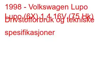 1998 - Volkswagen Lupo
Lupo (6X) 1,4 16V (75 Hk) Drivstofforbruk og tekniske spesifikasjoner