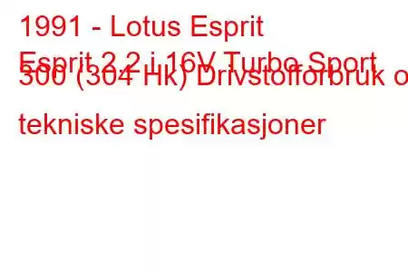 1991 - Lotus Esprit
Esprit 2.2 i 16V Turbo Sport 300 (304 Hk) Drivstofforbruk og tekniske spesifikasjoner