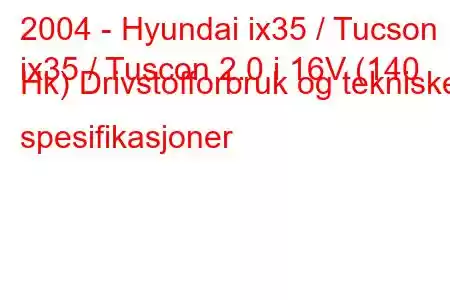 2004 - Hyundai ix35 / Tucson
ix35 / Tuscon 2.0 i 16V (140 Hk) Drivstofforbruk og tekniske spesifikasjoner