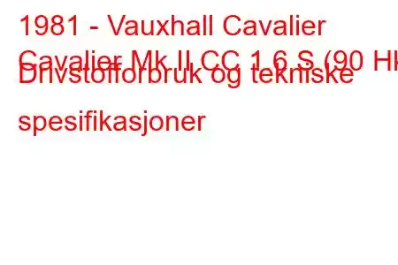 1981 - Vauxhall Cavalier
Cavalier Mk II CC 1.6 S (90 Hk) Drivstofforbruk og tekniske spesifikasjoner