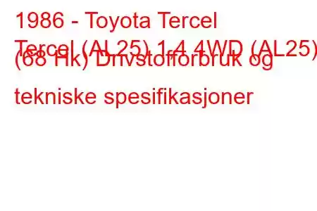 1986 - Toyota Tercel
Tercel (AL25) 1,4 4WD (AL25) (68 Hk) Drivstofforbruk og tekniske spesifikasjoner