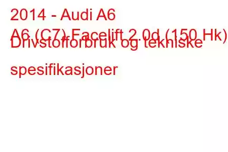 2014 - Audi A6
A6 (C7) Facelift 2.0d (150 Hk) Drivstofforbruk og tekniske spesifikasjoner