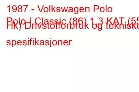 1987 - Volkswagen Polo
Polo I Classic (86) 1,3 KAT (55 Hk) Drivstofforbruk og tekniske spesifikasjoner