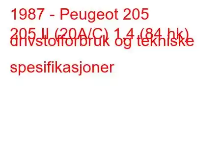 1987 - Peugeot 205
205 II (20A/C) 1,4 (84 hk) drivstofforbruk og tekniske spesifikasjoner