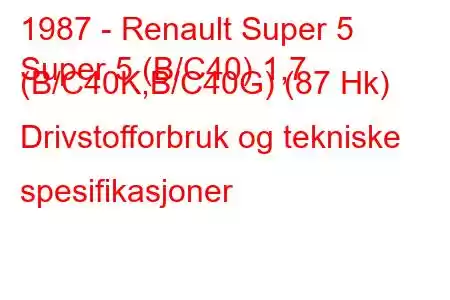 1987 - Renault Super 5
Super 5 (B/C40) 1,7 (B/C40K,B/C40G) (87 Hk) Drivstofforbruk og tekniske spesifikasjoner