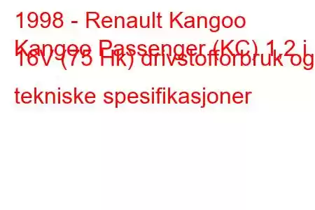 1998 - Renault Kangoo
Kangoo Passenger (KC) 1,2 i 16V (75 Hk) drivstofforbruk og tekniske spesifikasjoner